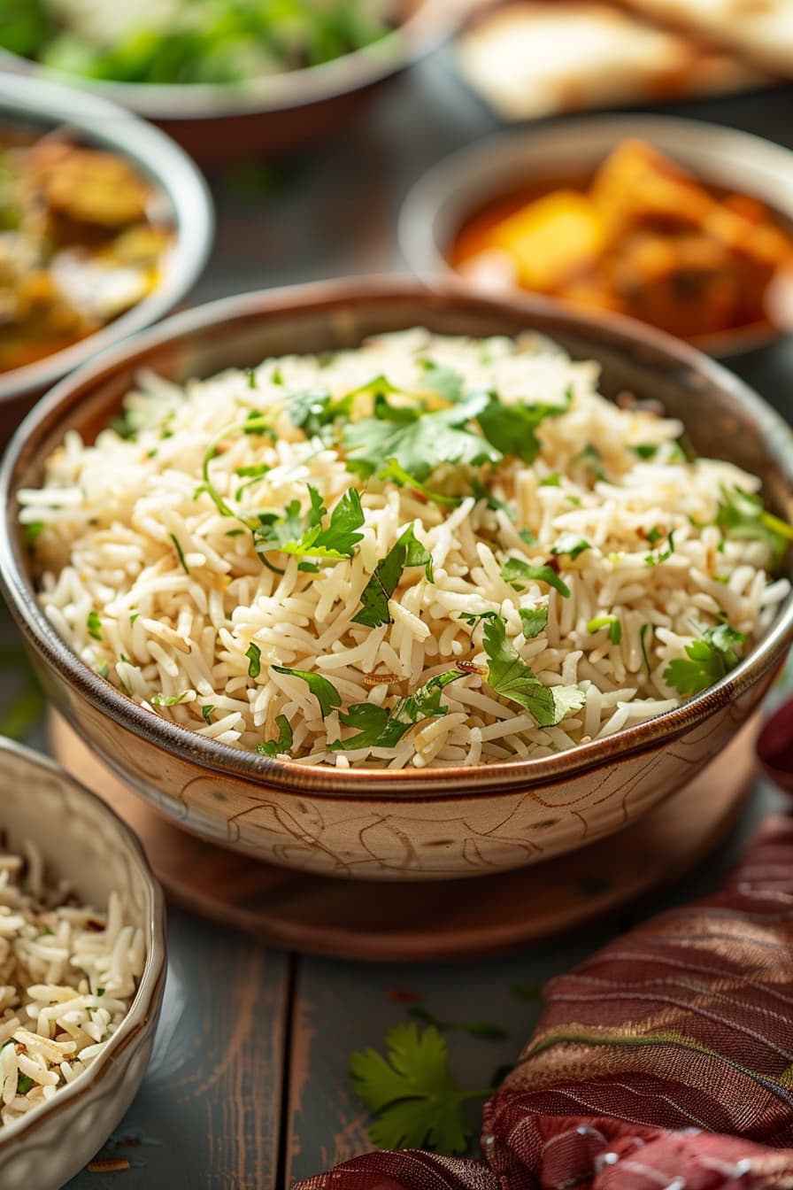 In a large dish Indian Jeera Rice is garnished with chopped cilantro 