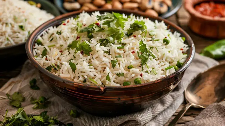 White Indian Jeera Rice is garnished with chopped cilantro with side dishes