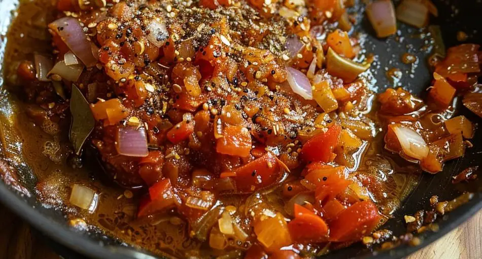 In a large pan 2 tbsp olive oil is stirred with cumin seeds with tomato paste and chopped onions