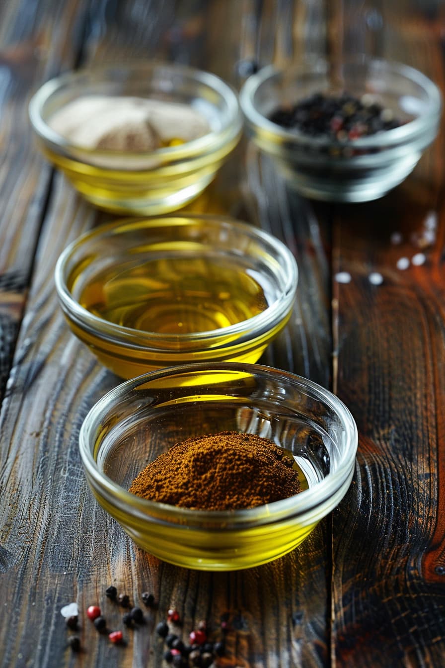In different small glass bowls, olive oil, roasted cumin powder, chaat masala, black salt, and pepper are there