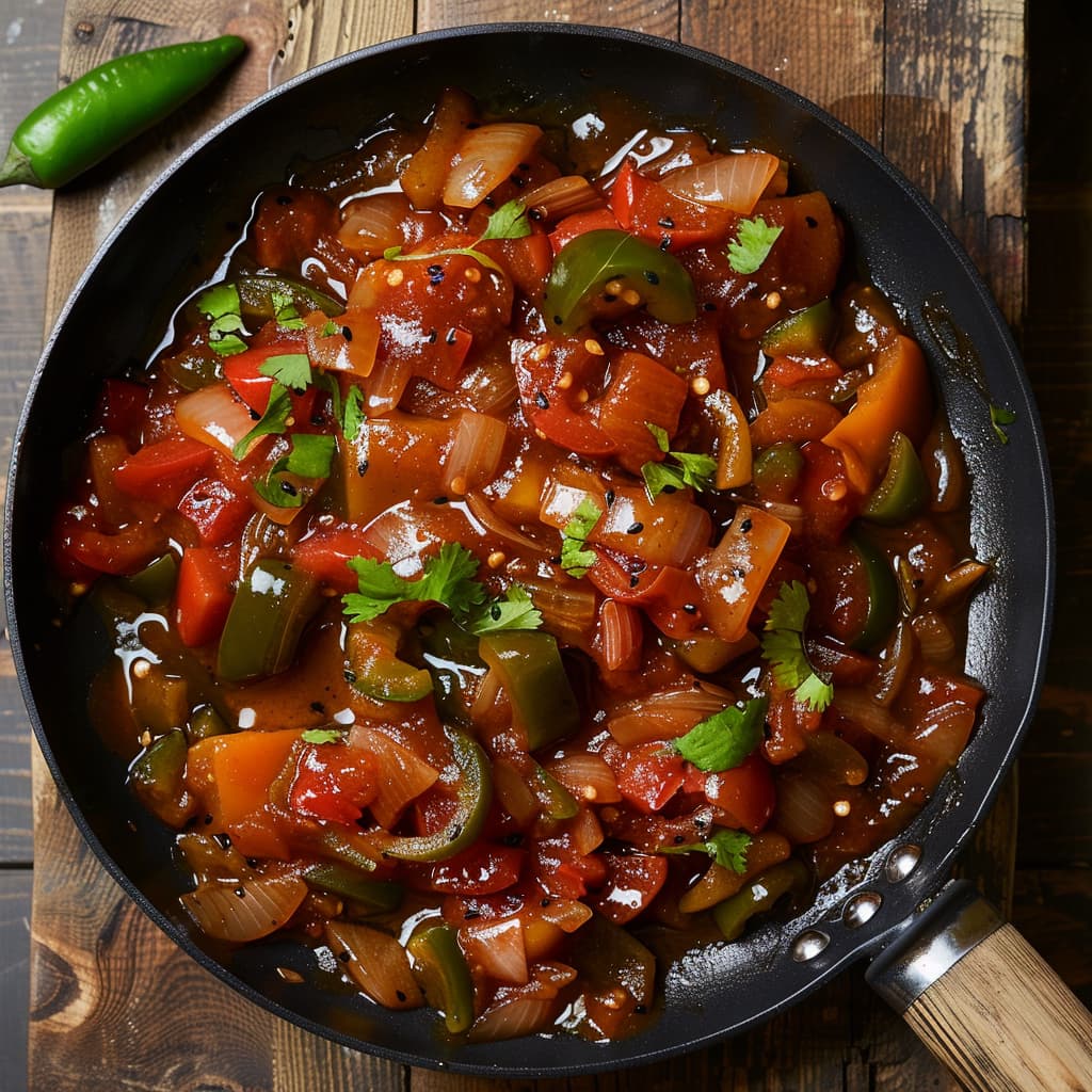 In the black pan, 2 tbsp olive oil, and chopped onions, bell peppers, and green chilies are there with tomato puree, soy sauce, vinegar and honey. cornstarch slurry, is added