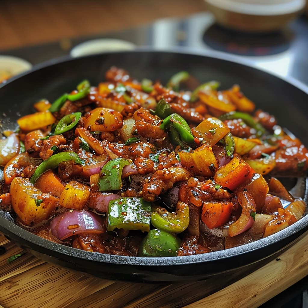 In the black pan, 2 tbsp olive oil, and chopped onions, bell peppers, and green chilies are there with tomato puree, soy sauce, vinegar and honey