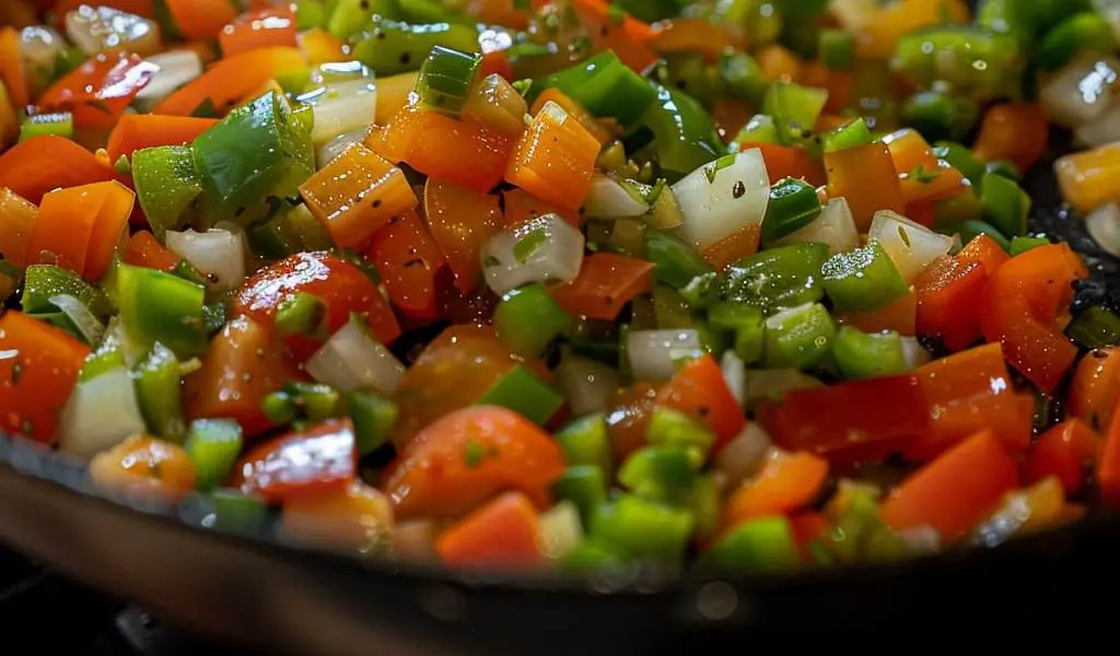In the black pan, 2 tbsp olive oil, followed by chopped onions, bell peppers, and green chilies is there