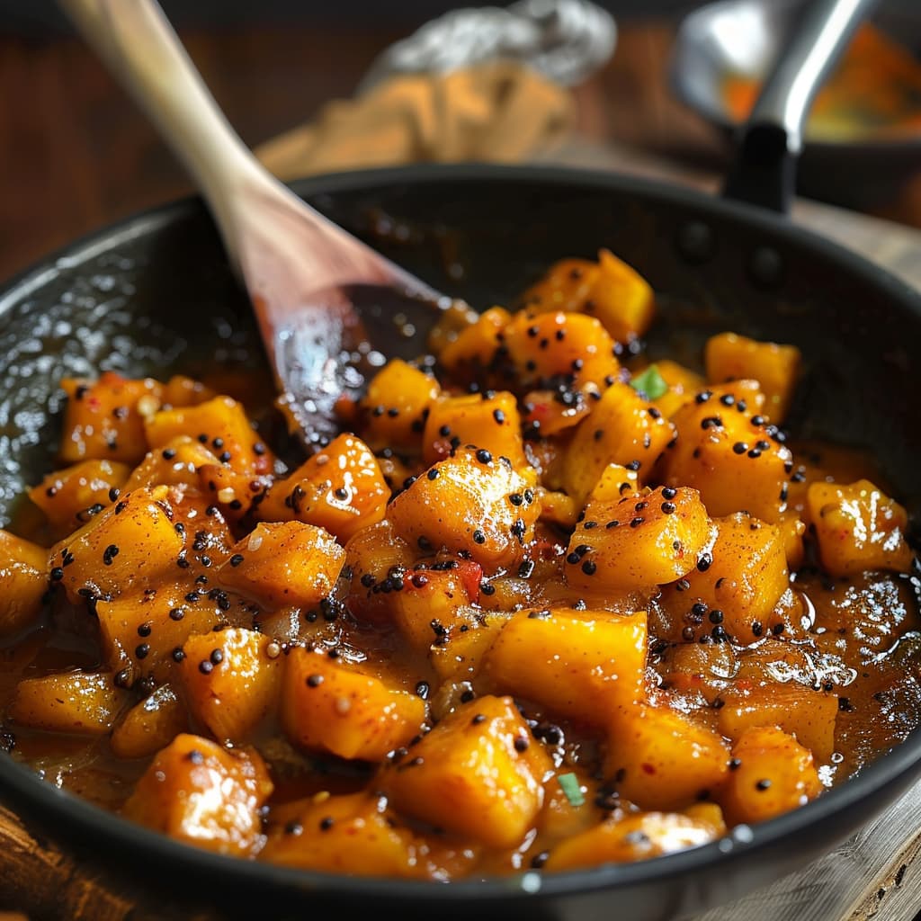 MANGO SPICY CHITNEY] in a black pan cooking