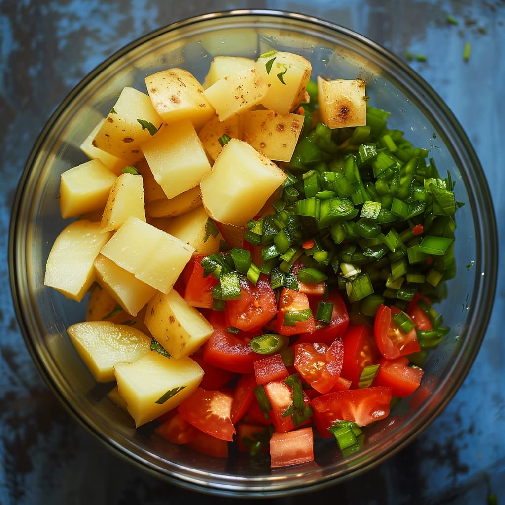 Peeled and diced potatoes into small cubes. Slong with [Finely chopped onion, tomato, and green chili] in a glass bowl.