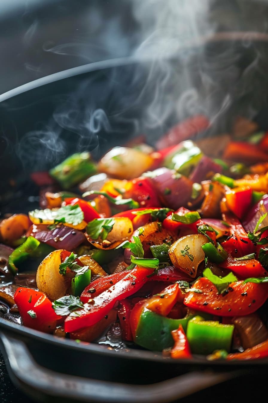 Sauté chopped onions, bell peppers, garlic, ginger, and green chilies and a bit of olive oil In the pan