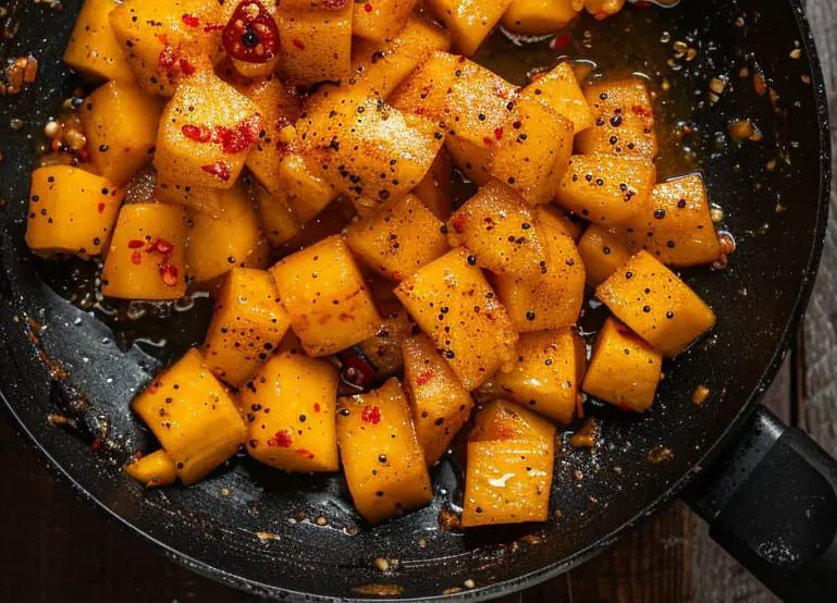 a black pan cooking with a bit of oil, 3 cups of diced mangoes, the sugar, apple cider vinegar, chili flakes, turmeric, and spices
