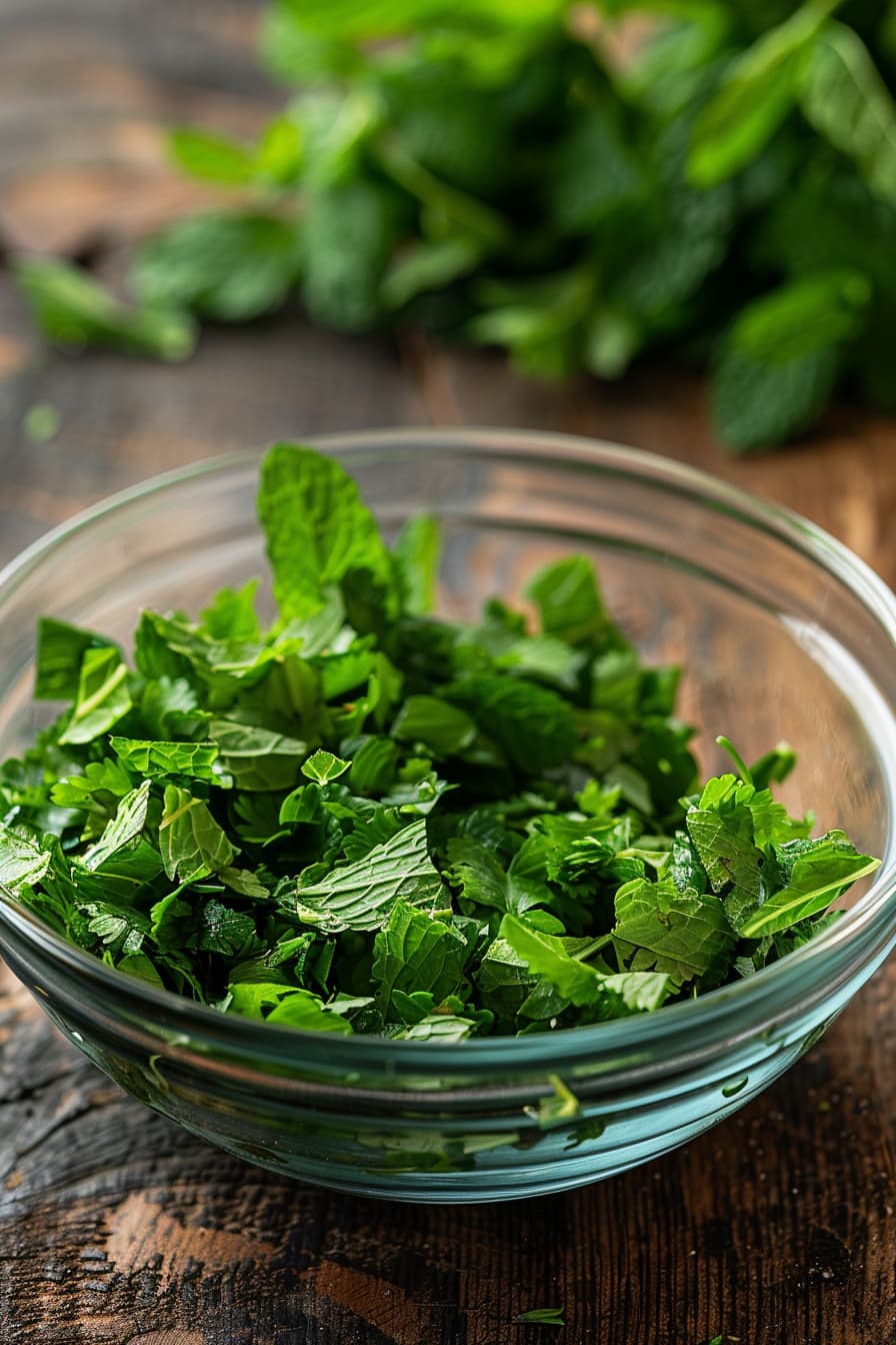 chopped cilantro and 2 tablespoons of mint leaves in a glass bowl
