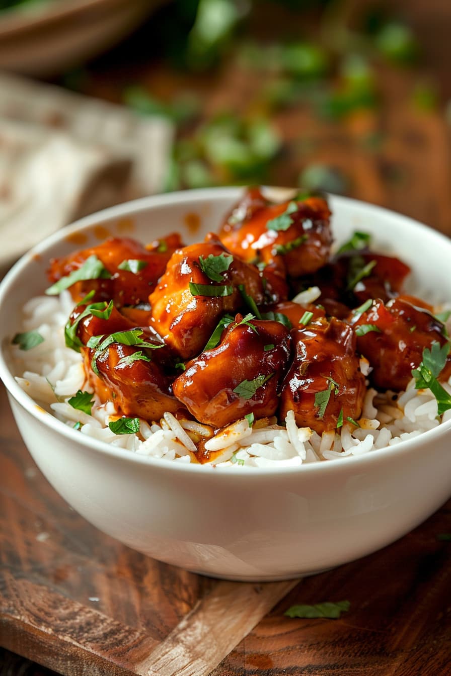 delicious but healthy Indian Chili Soy Chicken on a white bowl with rice