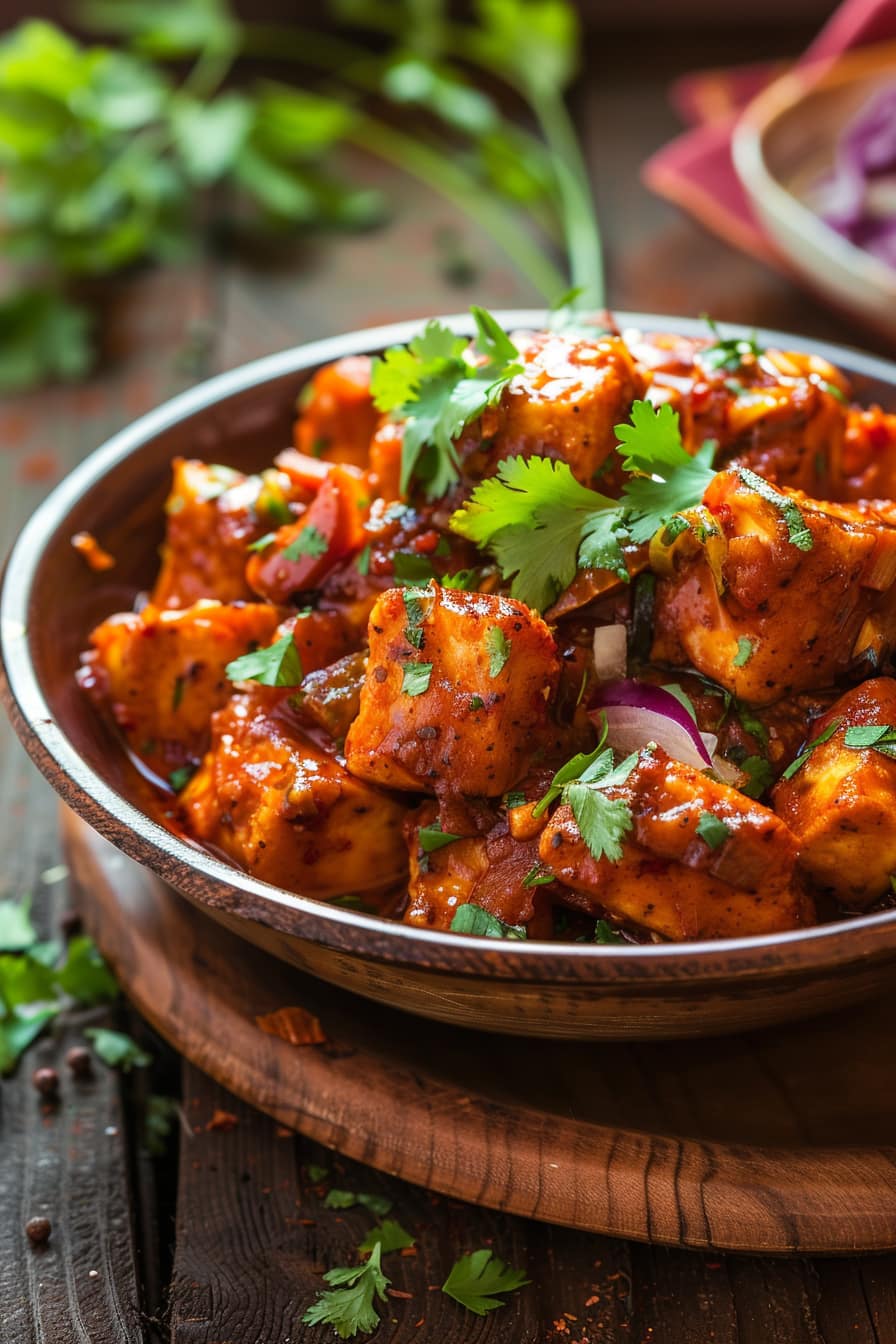 Indian Chili Paneer on a dish garnished with chopped cilantro, onion and mint leaves