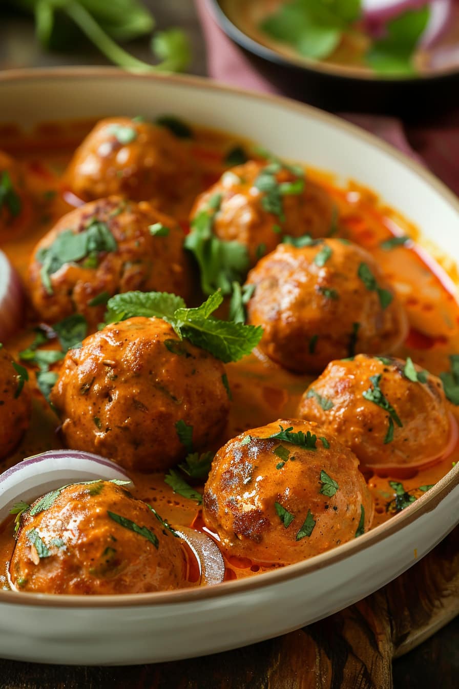 Indian Juicy Chicken Meatball Kofta on a dish garnished with chopped cilantro, onion and mint leaves