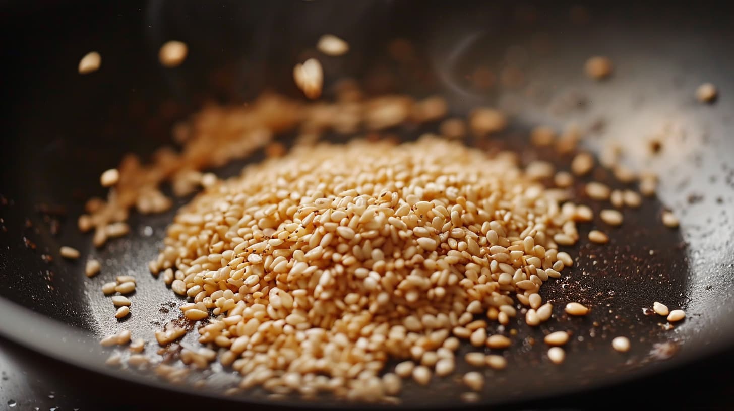 in a black pan 150g of sesame seeds are toasted