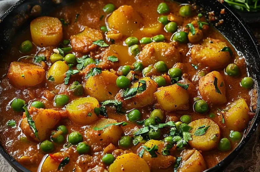 in a black pan [aloo matar curry cooking