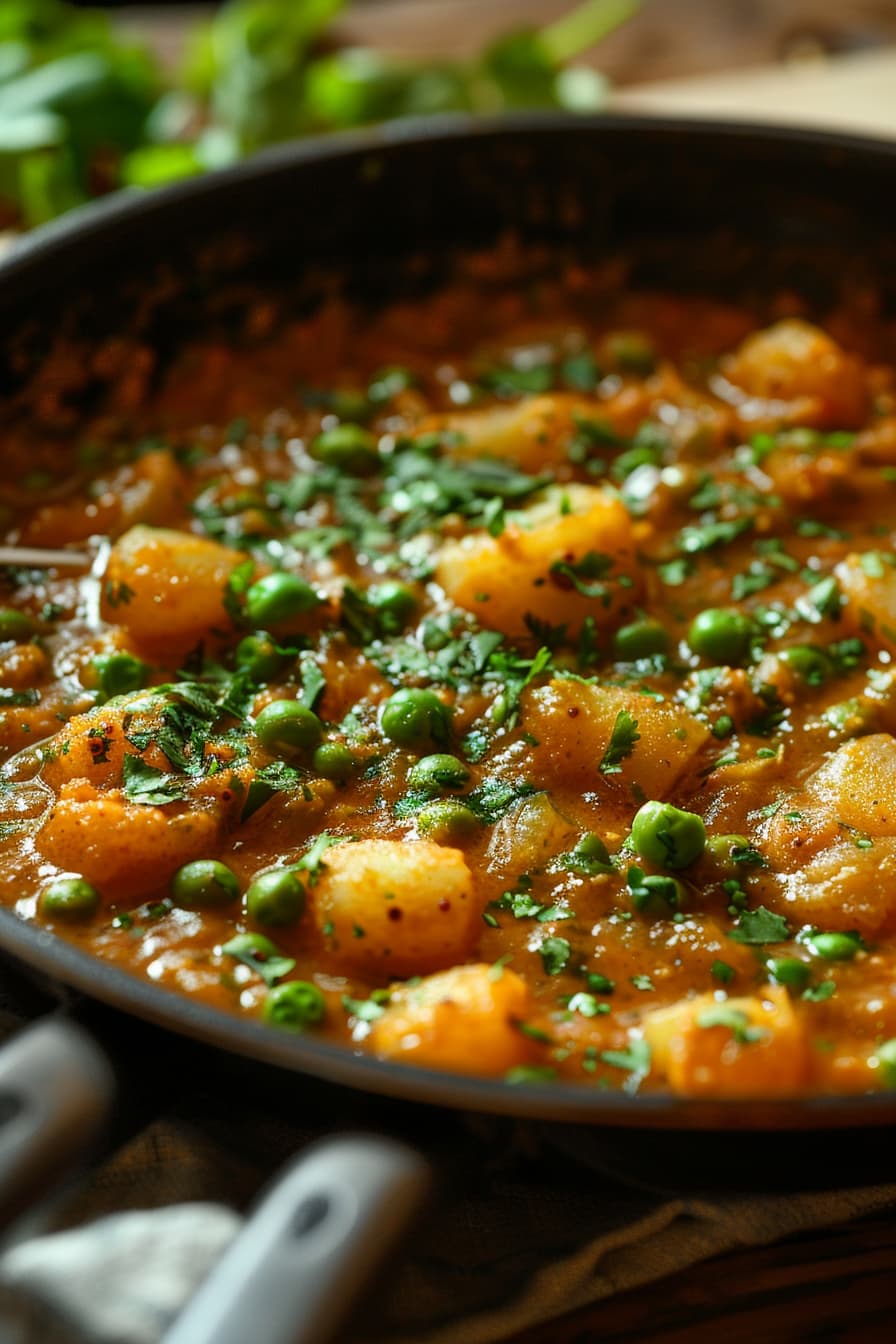 in a black pan [aloo matar curry with peas cooked with cilantro leaves],