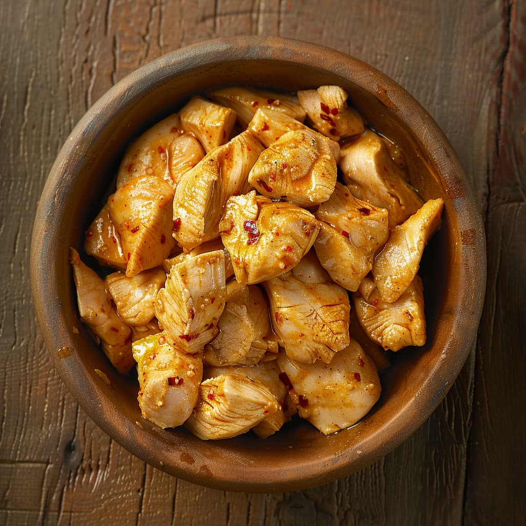 in a bowl boneless pieces of marinated chicken coated in whitish yellow flour