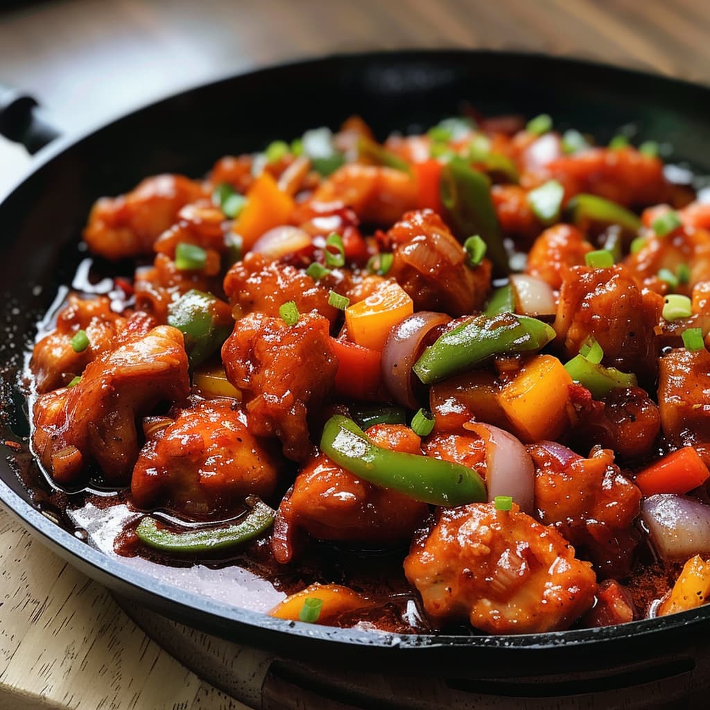 in the black pan, glossy saucy consistency curry, chili chicken cooking