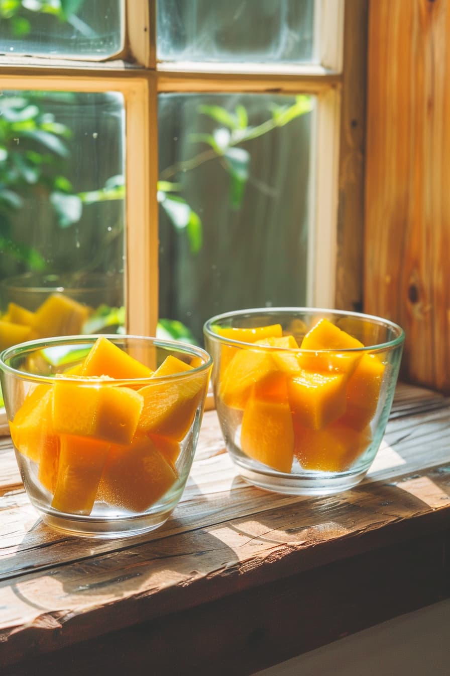 in the two glass cups, 2 ripe mangoes are there peeled and diced
