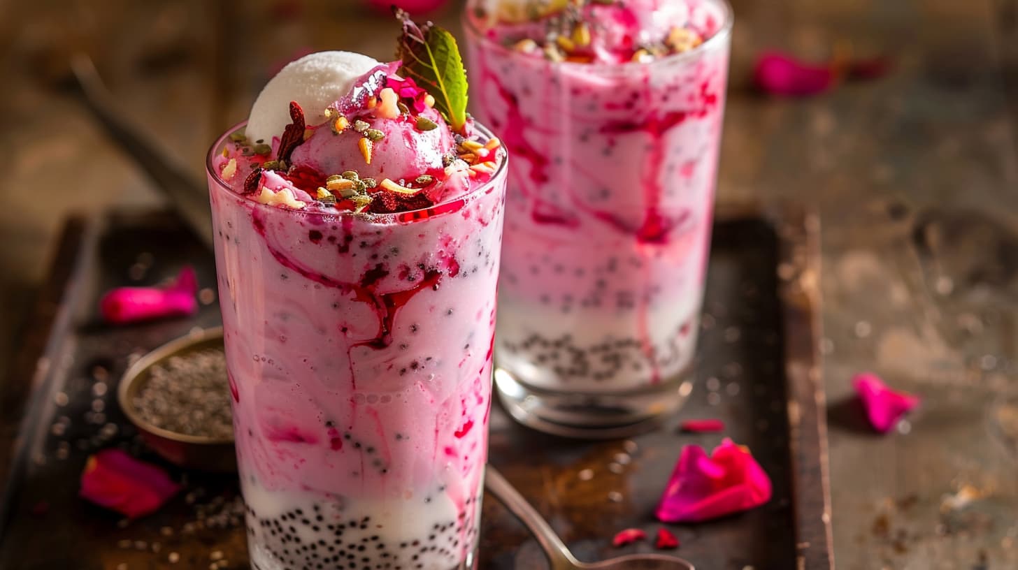 indian rose falooda in tall glasses