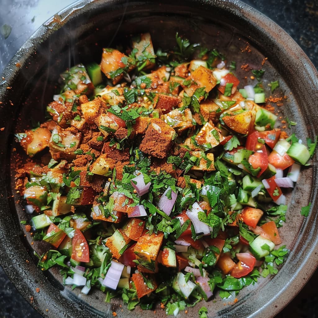 indian spiced salad preparation in a bowl mixed with spices and dressing