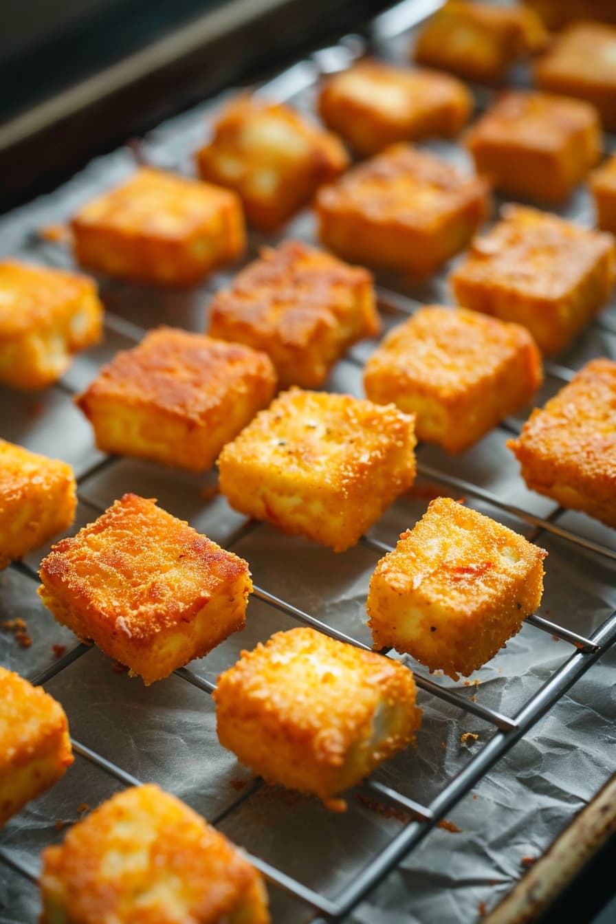 lightly fried golden paneer cubes rest on a wire rack over a sheet of paper towels