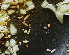 oil with minced garlic and grated ginger and [1 teaspoon cumin seeds] and [1/2 teaspoon fennel seeds]