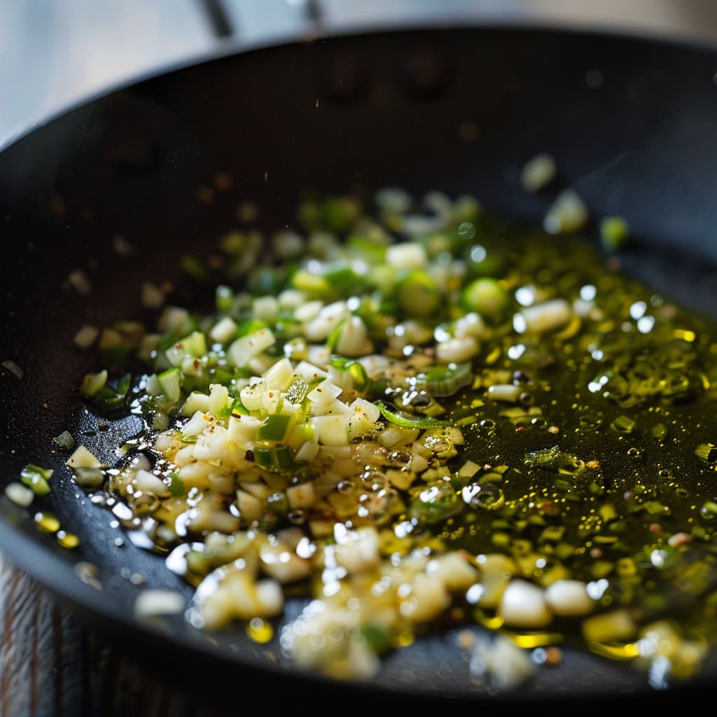 olive oil with [1 teaspoon cumin seeds] and [chopped green chili ] in a black pan