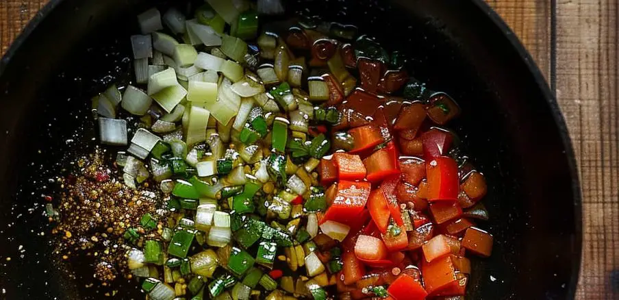 olive oil with chopped onion, cumin seeds, chopped green chili and [chopped tomatoes] in a black pan