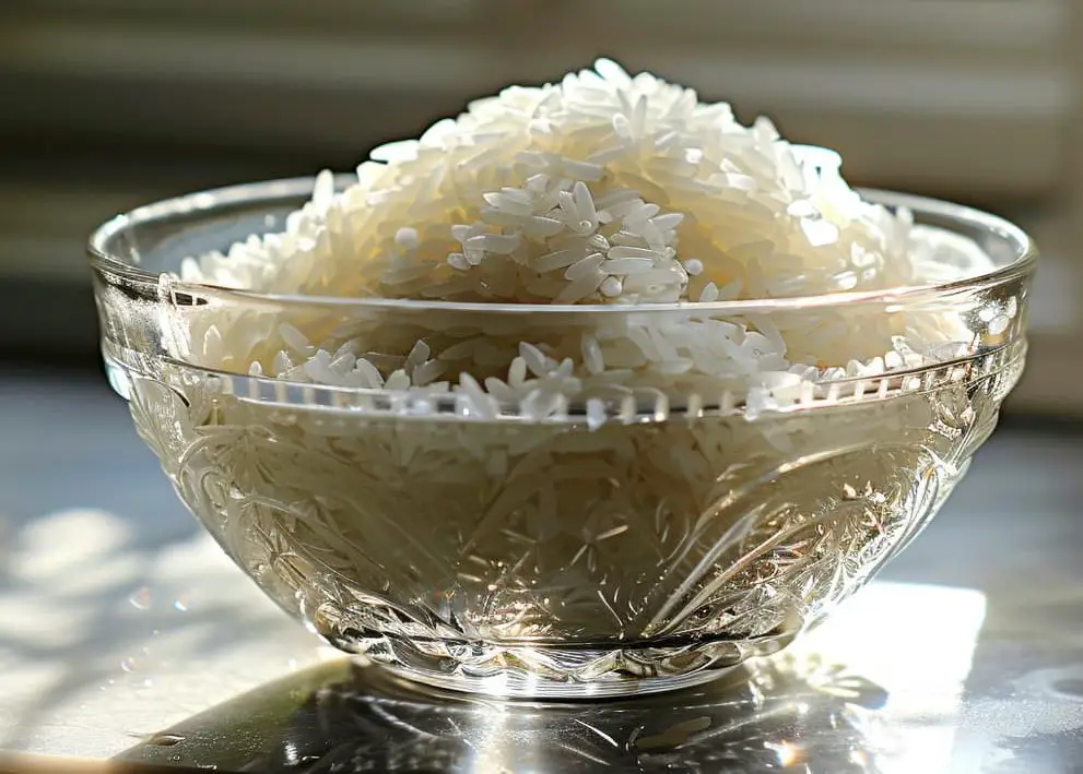 raw Basmati rice under cold water in a glass bowl