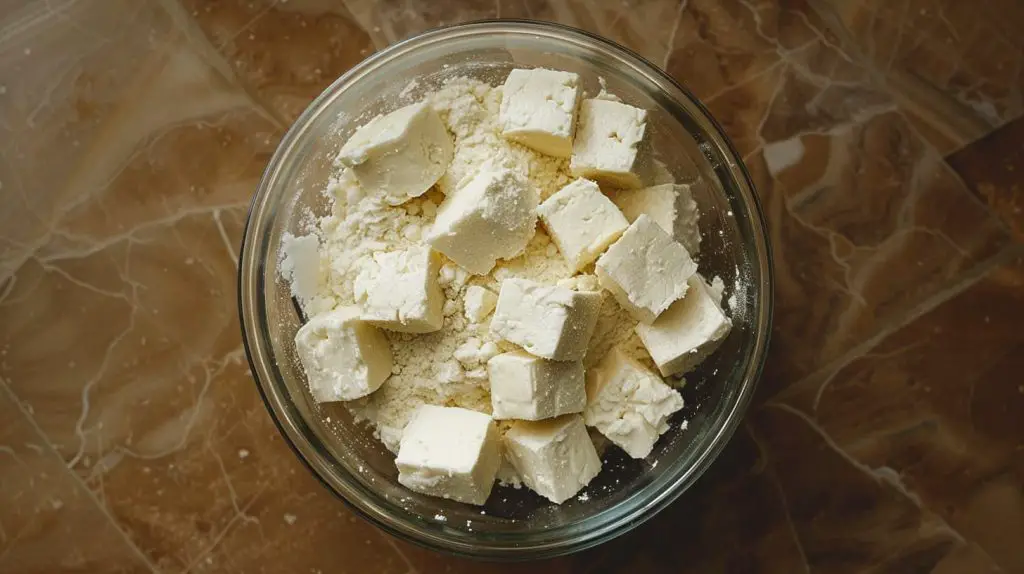 raw paneer small cubes put into a bowl of cornstarch mixture