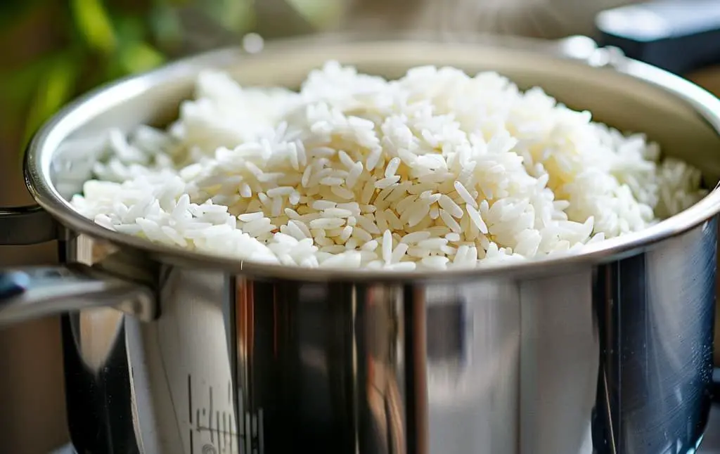 rinsed rice in a medium-sized pot on induction cooker