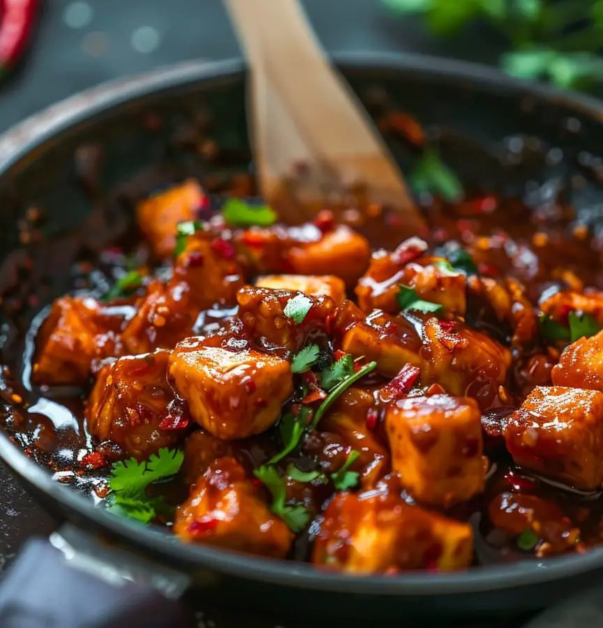 small fried paneer pieces mixed in chili sauce in the black pan