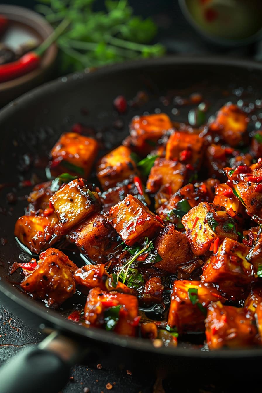 paneer pieces mixed in chili sauce cooked 