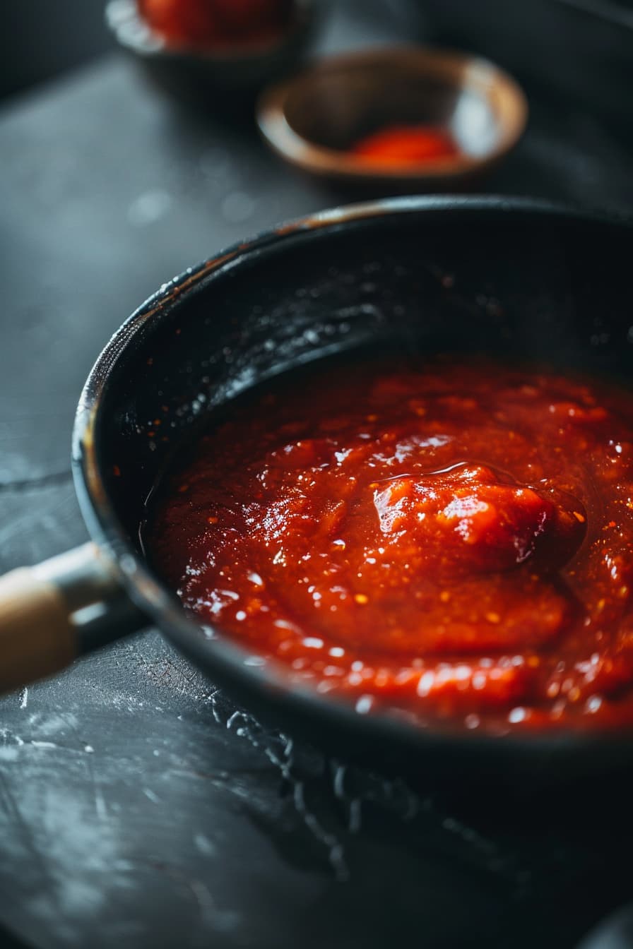 soy sauce, tomato ketchup, red chili sauce, and vinegar all combined together In the black pan