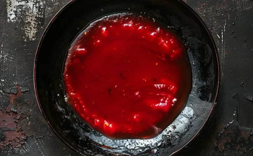 soy sauce, tomato ketchup, red chili sauce, cornstarch slurry and vinegar all combined together In the black pan to form a sauce, glossy and thick look