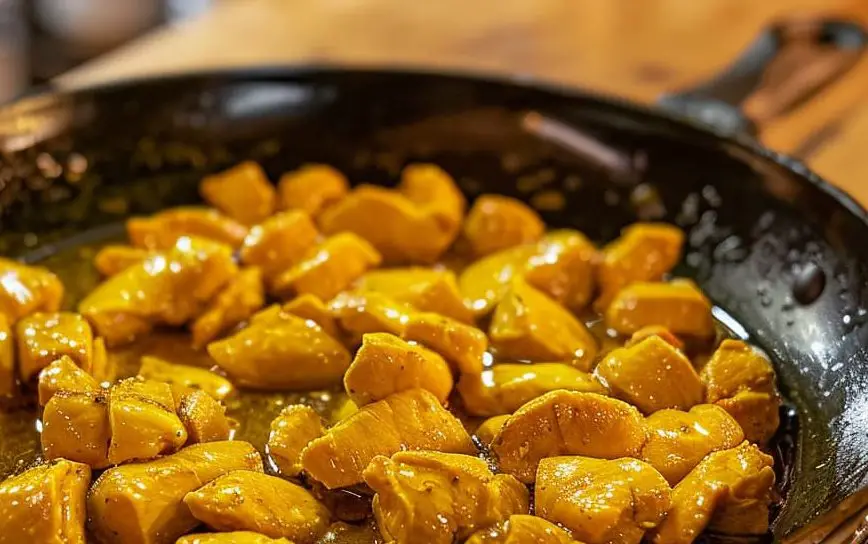 olive oil in a large black pan with the marinated chicken pieces