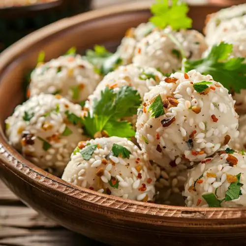 white til [seasome seeds] laddus served in a dish with cilantro leaves