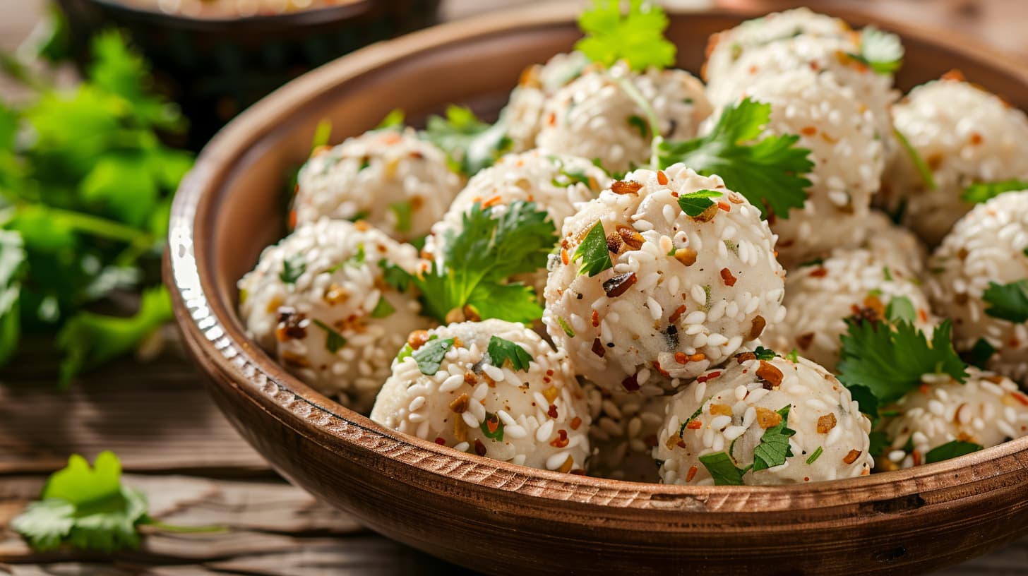 white til [seasome seeds] laddus served in a dish with cilantro leaves