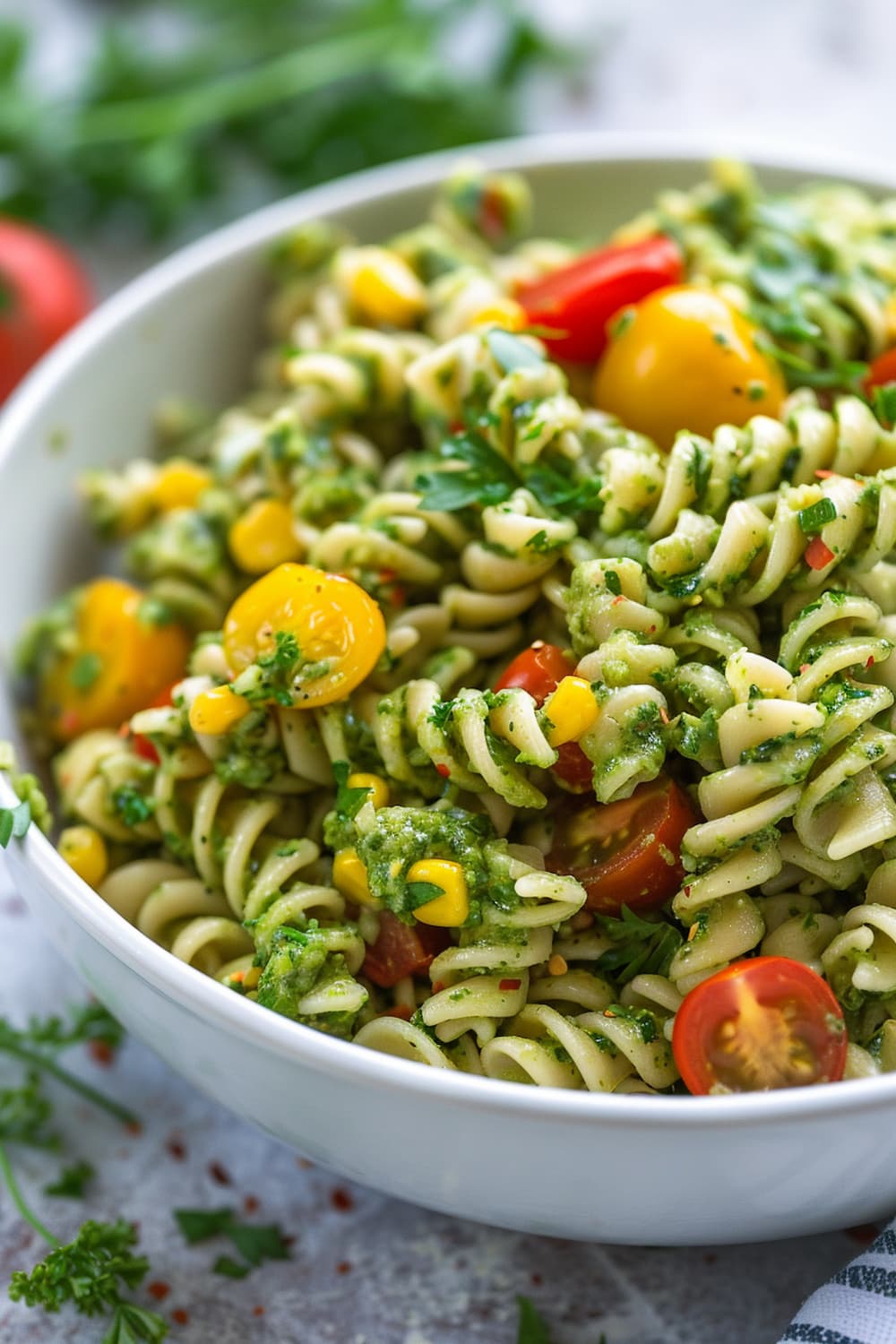 Creamy Avocado Pasta Salad with Tomatoes and Fresh Herbs