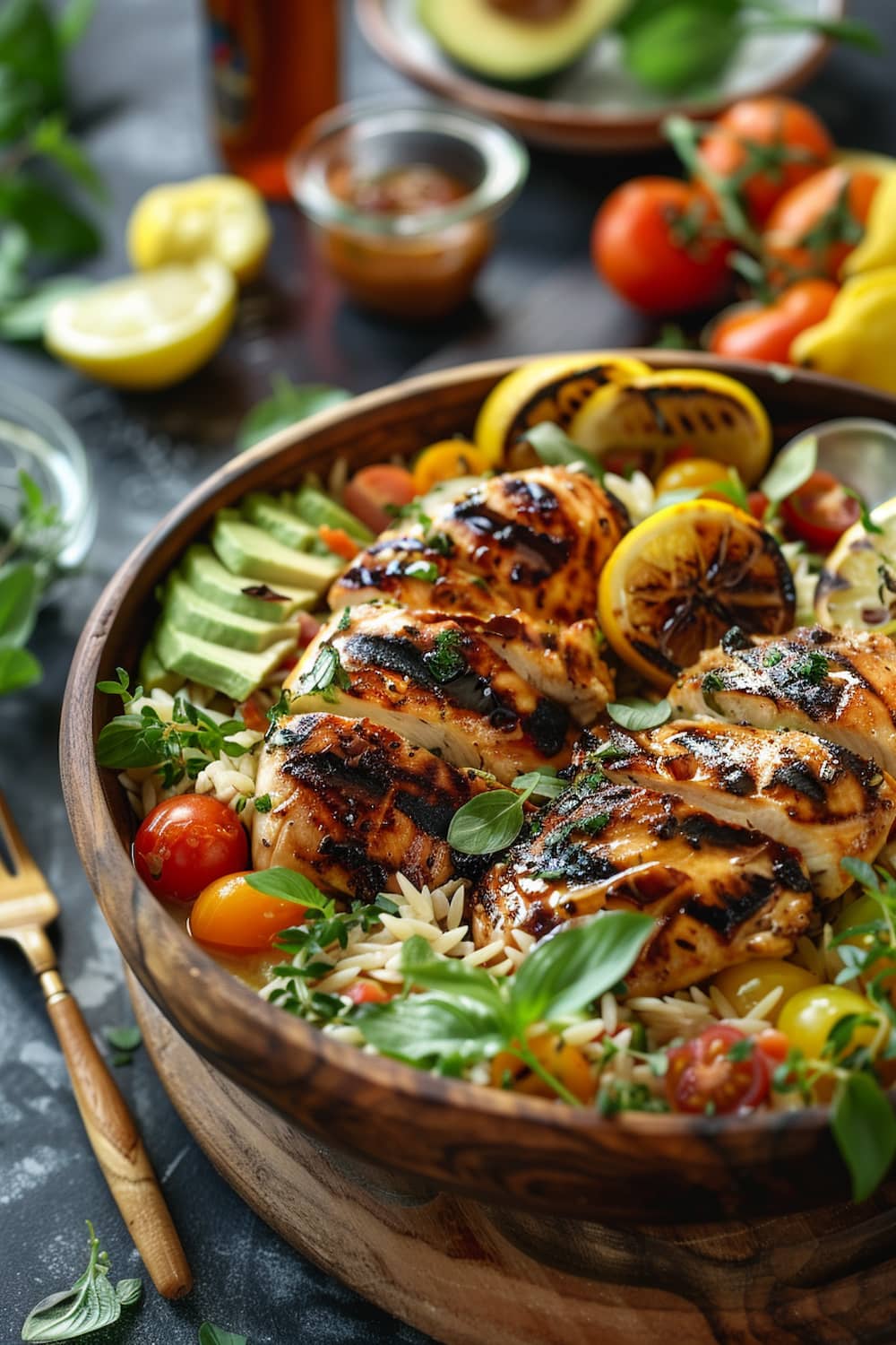 Grilled Lemon Herb Chicken Avocado Orzo Salad with Honey Mustard Bacon Dressing.