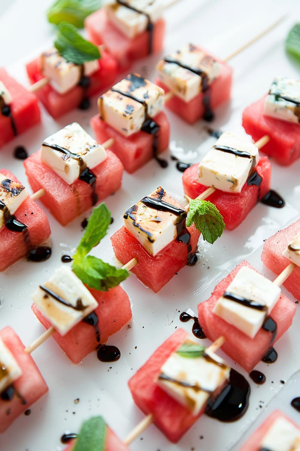 Watermelon Skewers with Goat Cheese and Balsamic Glaze