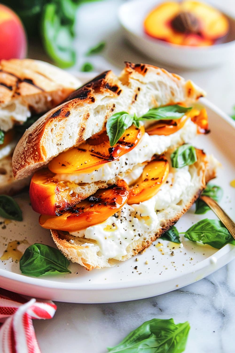 Grilled Peach and Burrata Sandwich with Basil