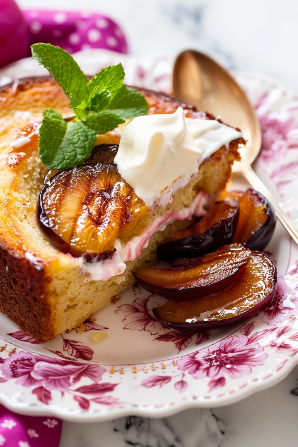 Grilled Pound Cake with Grilled Plums and Vanilla Sauce