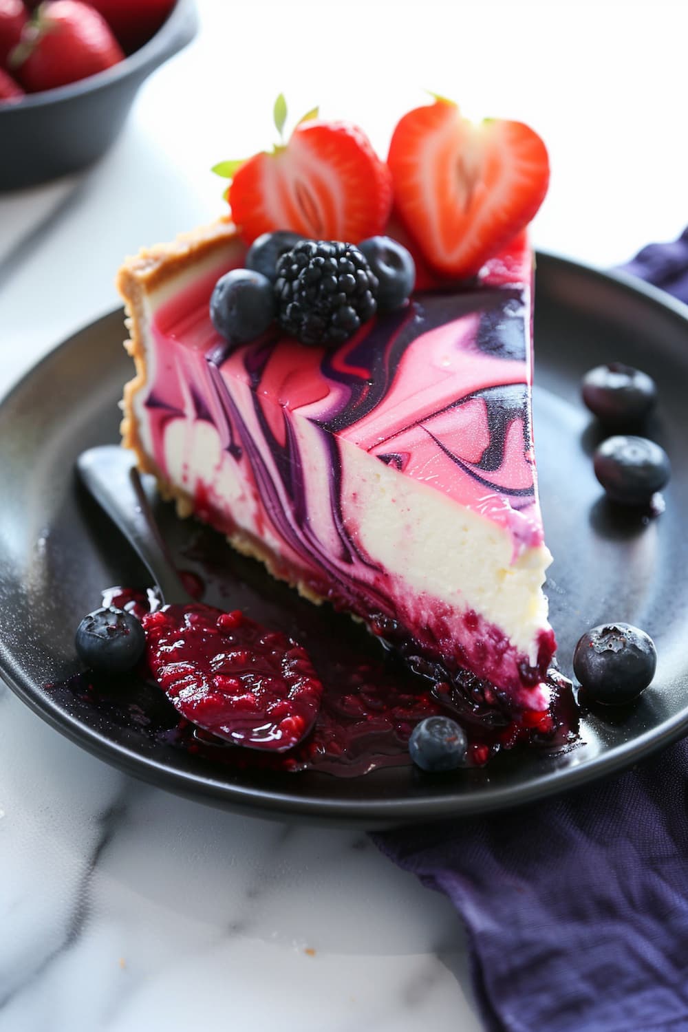 No-Bake Vegan Strawberry & Blueberry Swirl Cheesecake 