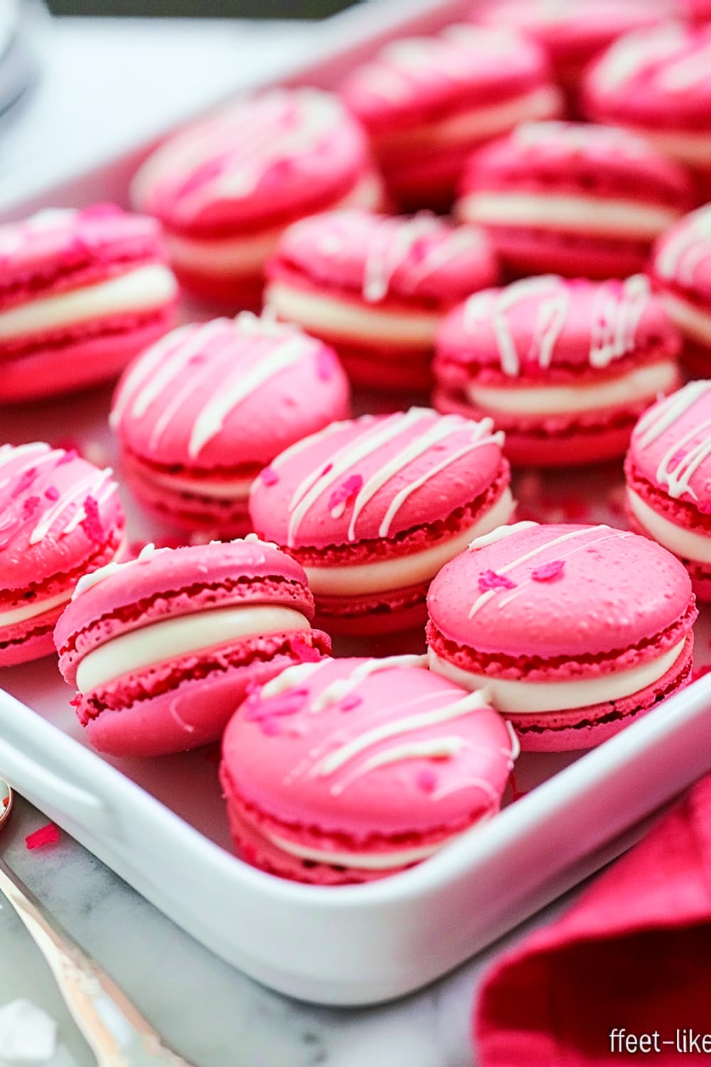 Raspberry Macarons many