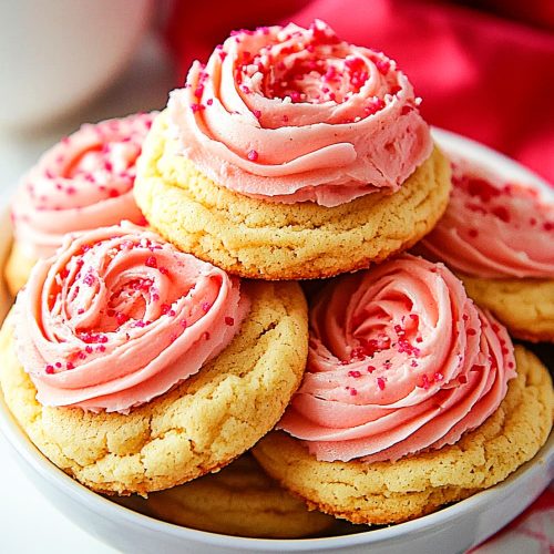 Fluffy thick sugar cookies with pink cream cheese frosting