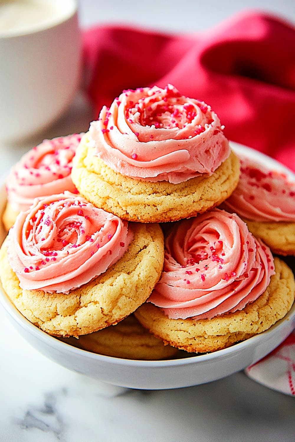 Fluffy thick sugar cookies with pink cream cheese frosting