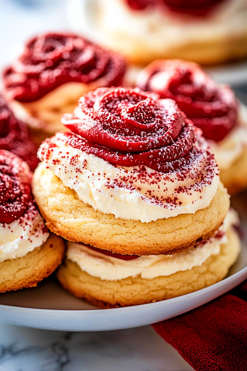 Fluffy thick sugar cookies with red cream cheese frosting