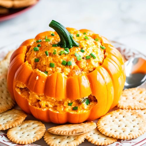 Pumpkin_Cheeseball_Recipe with crackers sliced and cheese coming out