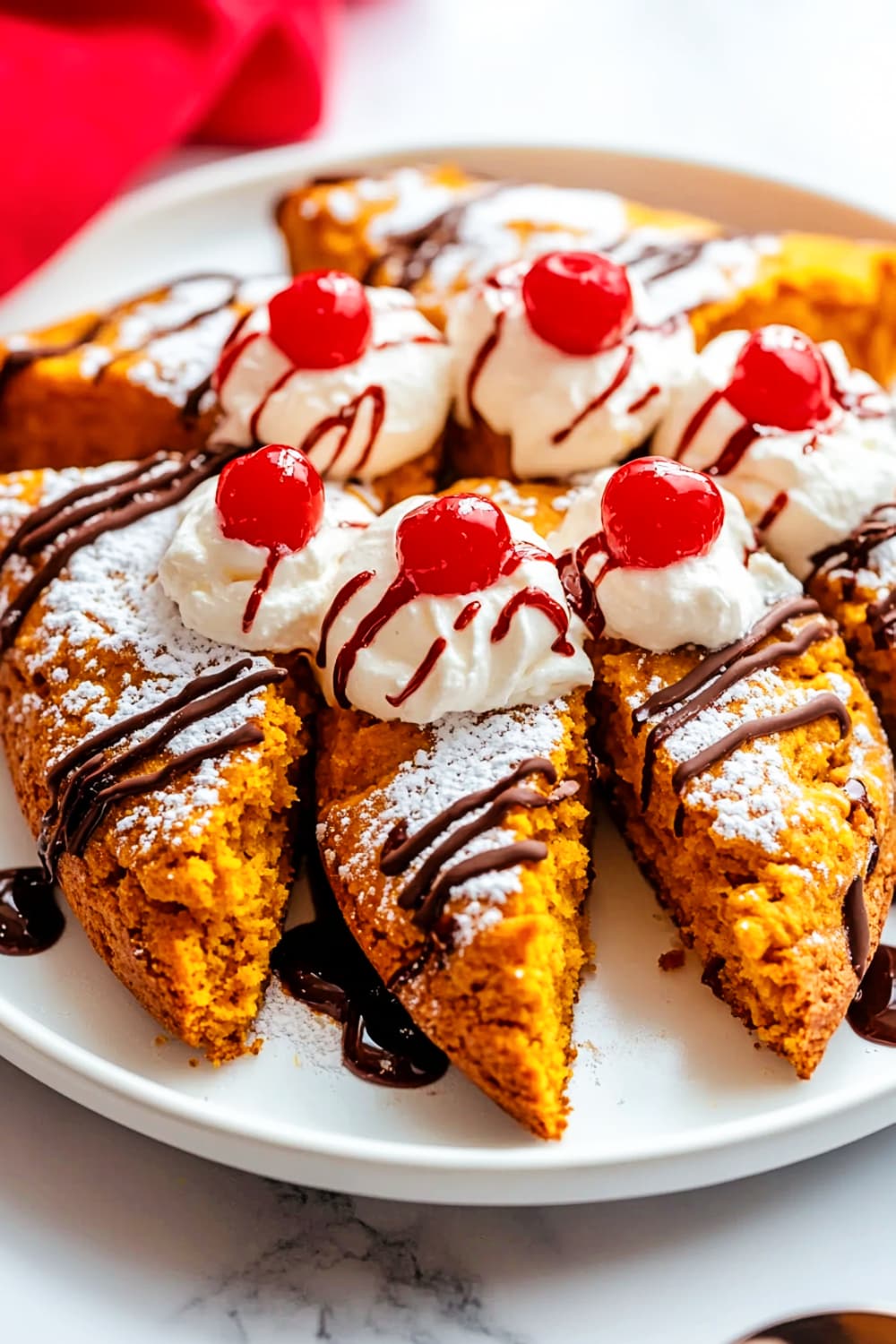 pumpkin scones with chocolate syrup and cherries