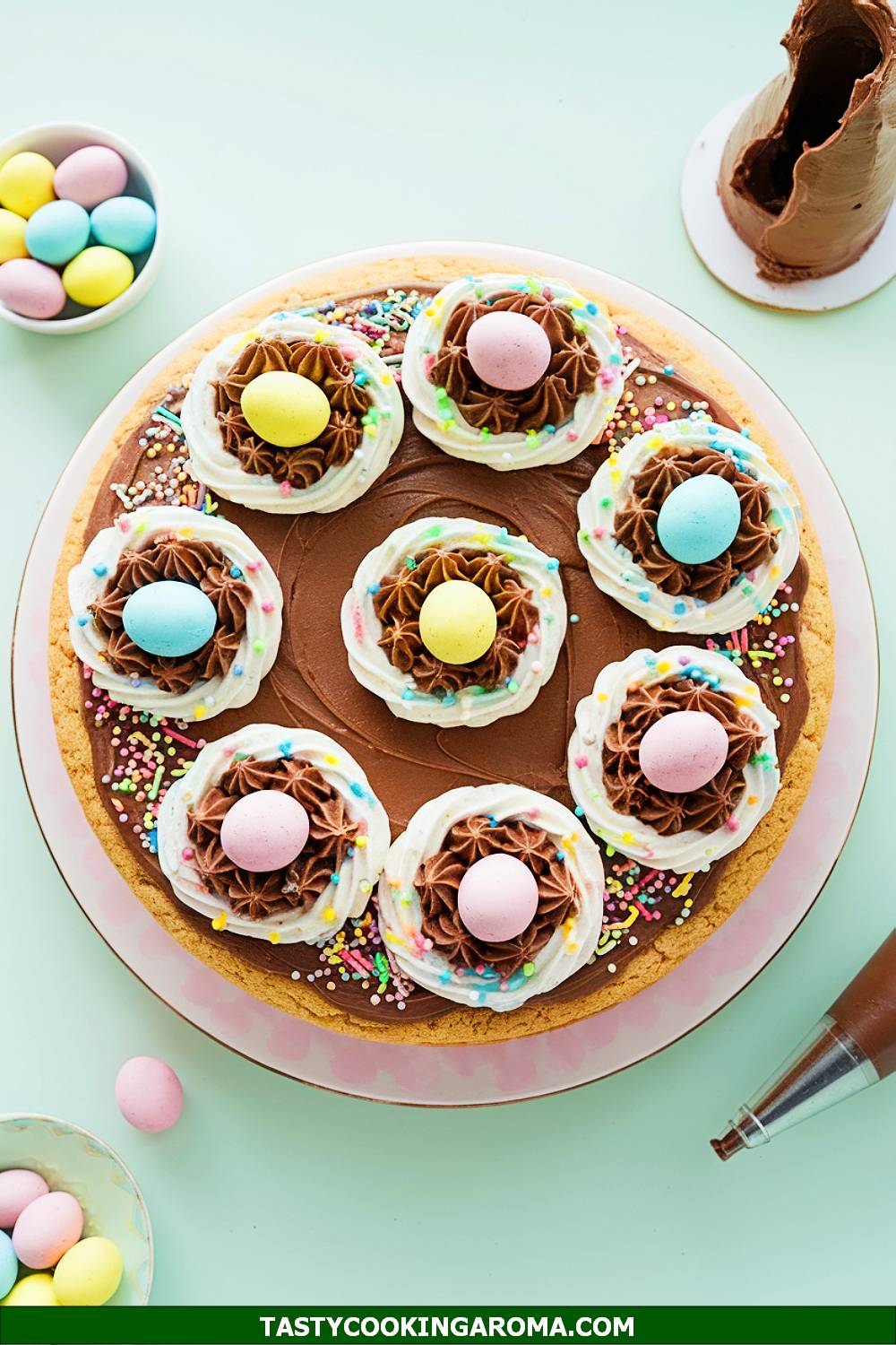 Easter Egg Nest Cookie Cake with Candy Toppings